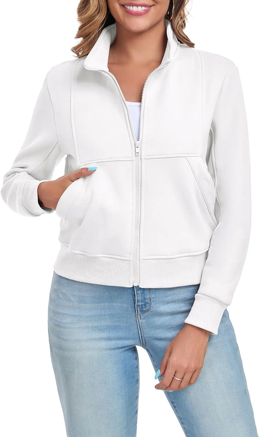 Women's Full Zip Up Sweatshirts Fleece Jackets Stand Collar Long Sleeve Casual Outwear Fuzzy Warm Coat with Pocket