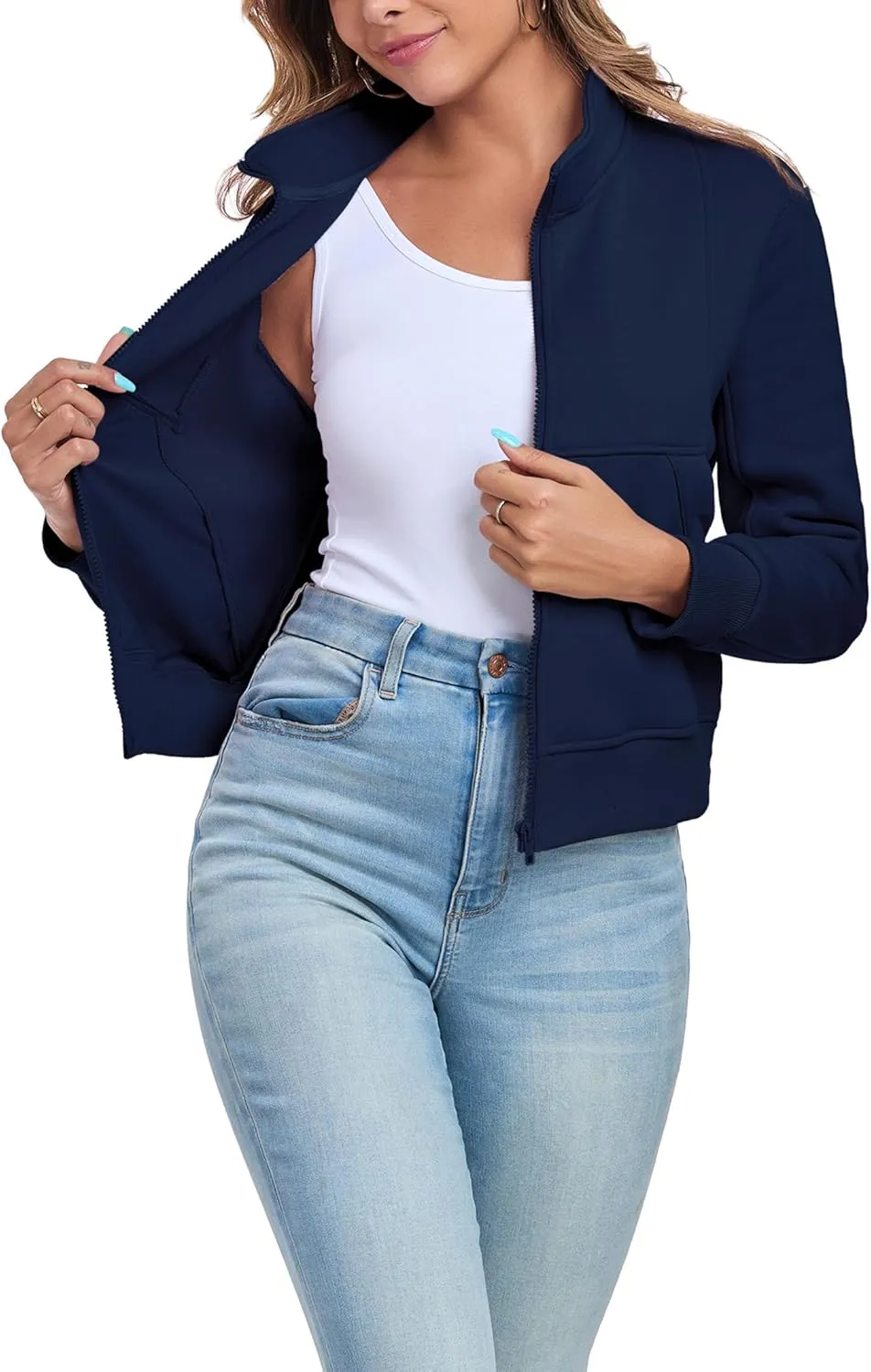 Women's Full Zip Up Sweatshirts Fleece Jackets Stand Collar Long Sleeve Casual Outwear Fuzzy Warm Coat with Pocket