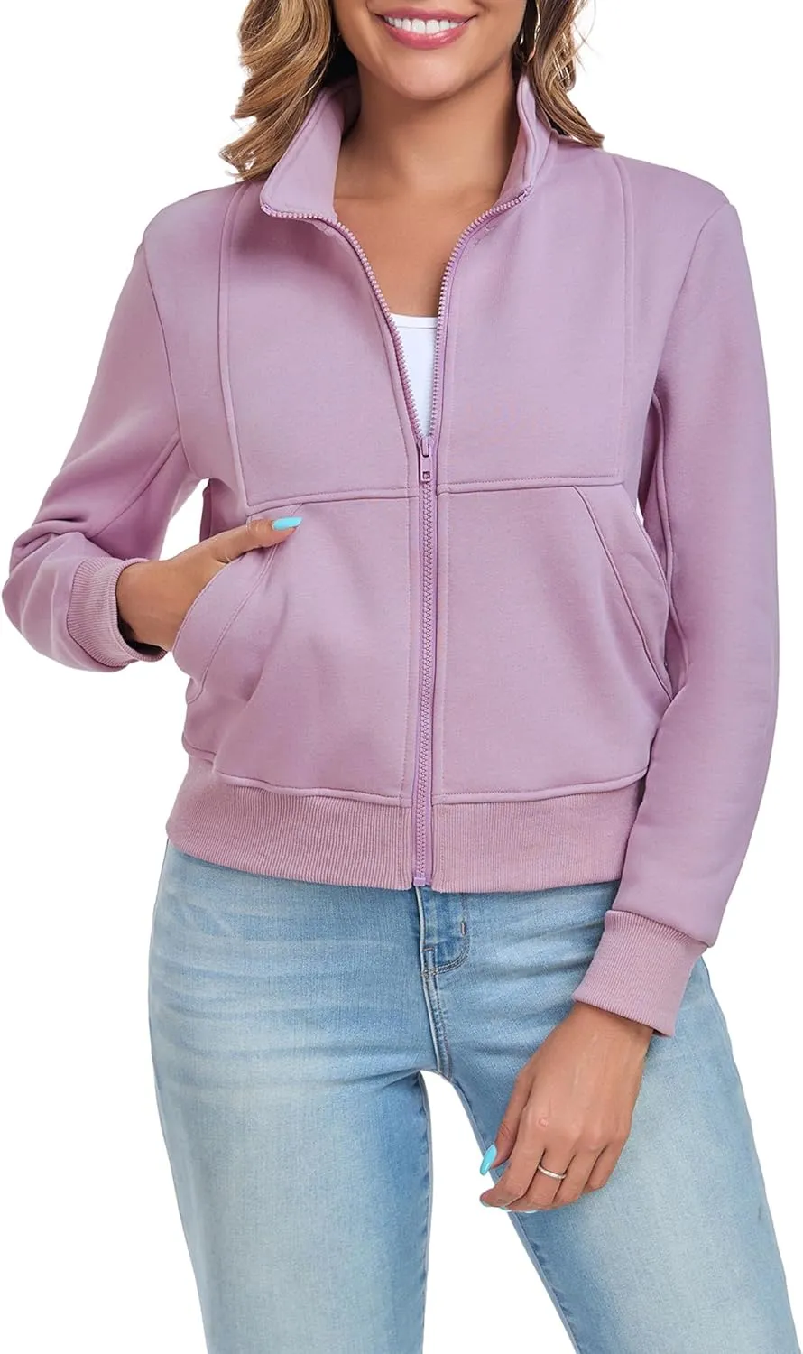 Women's Full Zip Up Sweatshirts Fleece Jackets Stand Collar Long Sleeve Casual Outwear Fuzzy Warm Coat with Pocket