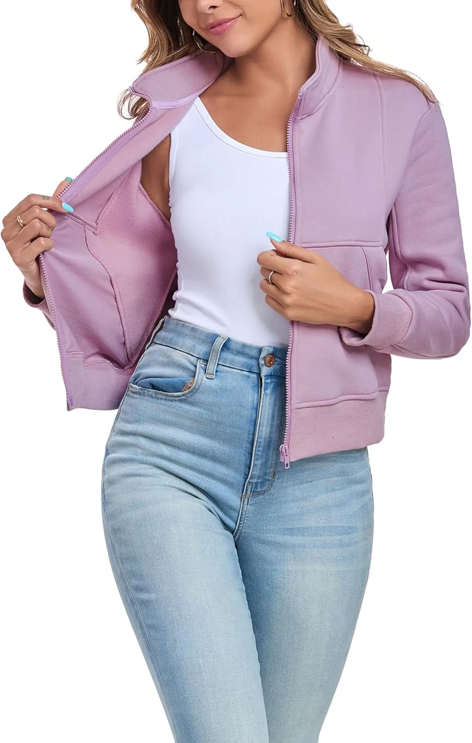 Women's Full Zip Up Sweatshirts Fleece Jackets Stand Collar Long Sleeve Casual Outwear Fuzzy Warm Coat with Pocket