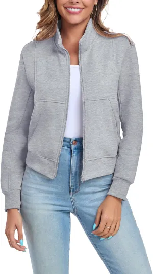 Women's Full Zip Up Sweatshirts Fleece Jackets Stand Collar Long Sleeve Casual Outwear Fuzzy Warm Coat with Pocket