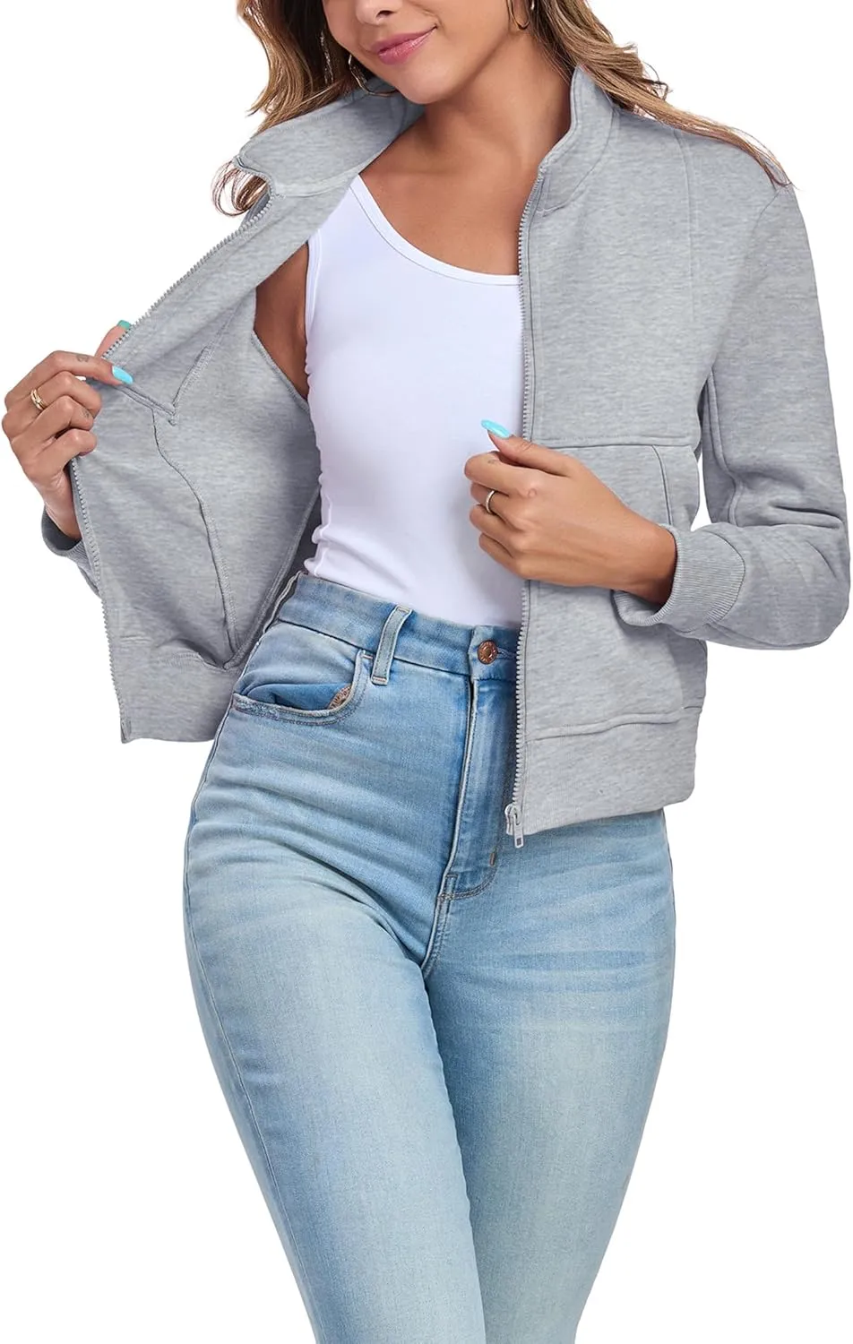 Women's Full Zip Up Sweatshirts Fleece Jackets Stand Collar Long Sleeve Casual Outwear Fuzzy Warm Coat with Pocket