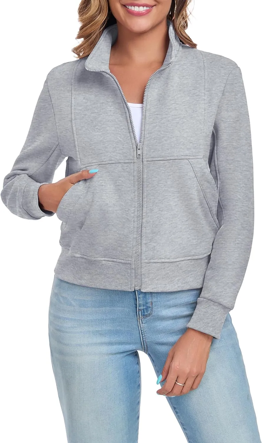 Women's Full Zip Up Sweatshirts Fleece Jackets Stand Collar Long Sleeve Casual Outwear Fuzzy Warm Coat with Pocket