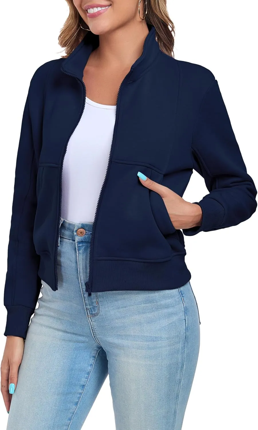Women's Full Zip Up Sweatshirts Fleece Jackets Stand Collar Long Sleeve Casual Outwear Fuzzy Warm Coat with Pocket