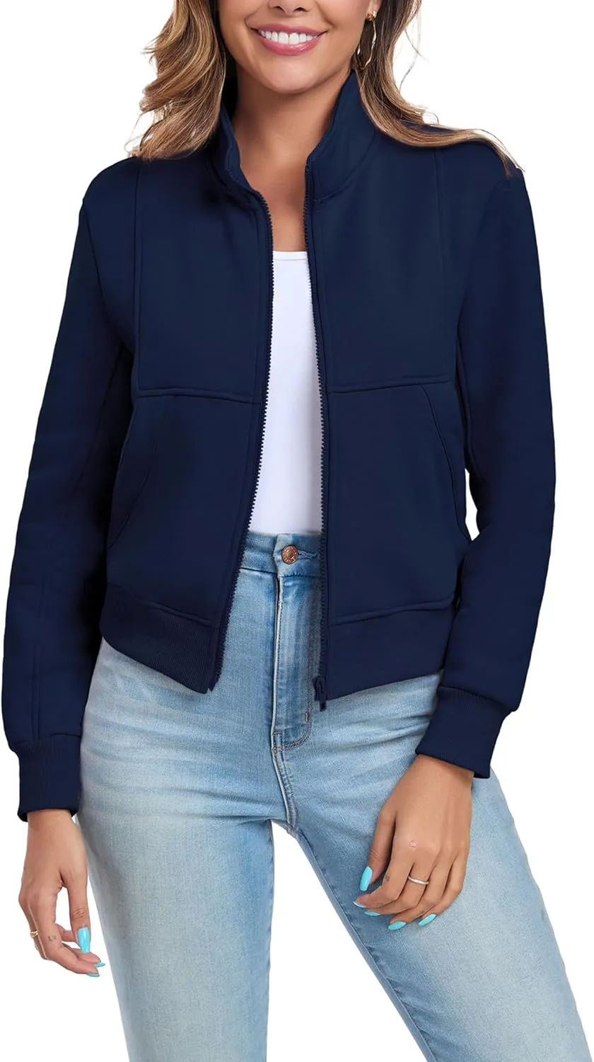 Women's Full Zip Up Sweatshirts Fleece Jackets Stand Collar Long Sleeve Casual Outwear Fuzzy Warm Coat with Pocket