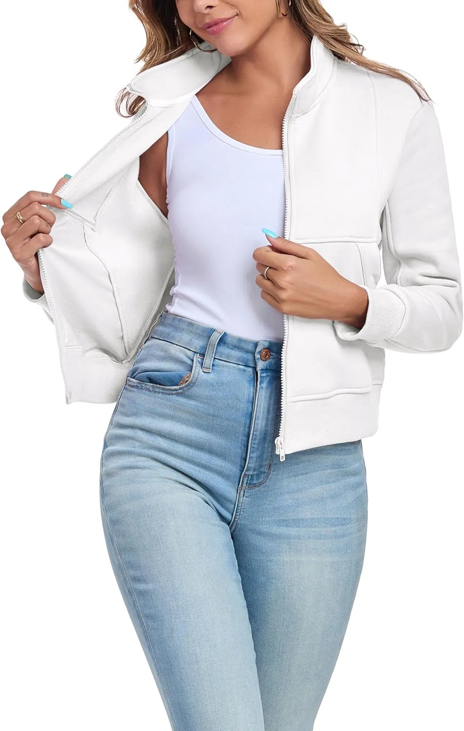 Women's Full Zip Up Sweatshirts Fleece Jackets Stand Collar Long Sleeve Casual Outwear Fuzzy Warm Coat with Pocket