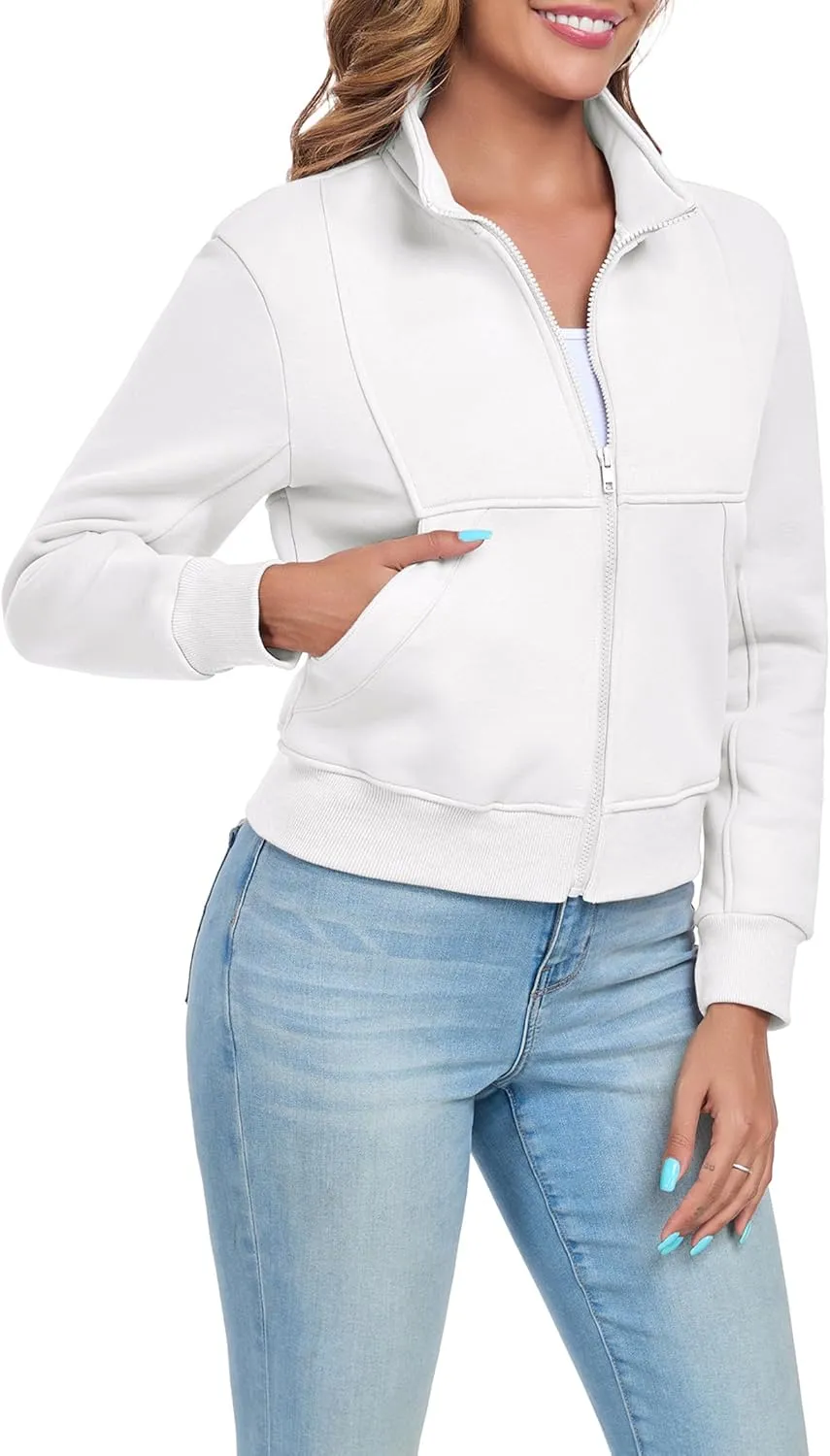 Women's Full Zip Up Sweatshirts Fleece Jackets Stand Collar Long Sleeve Casual Outwear Fuzzy Warm Coat with Pocket