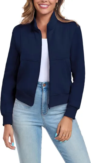 Women's Full Zip Up Sweatshirts Fleece Jackets Stand Collar Long Sleeve Casual Outwear Fuzzy Warm Coat with Pocket