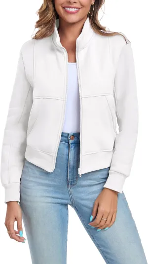 Women's Full Zip Up Sweatshirts Fleece Jackets Stand Collar Long Sleeve Casual Outwear Fuzzy Warm Coat with Pocket