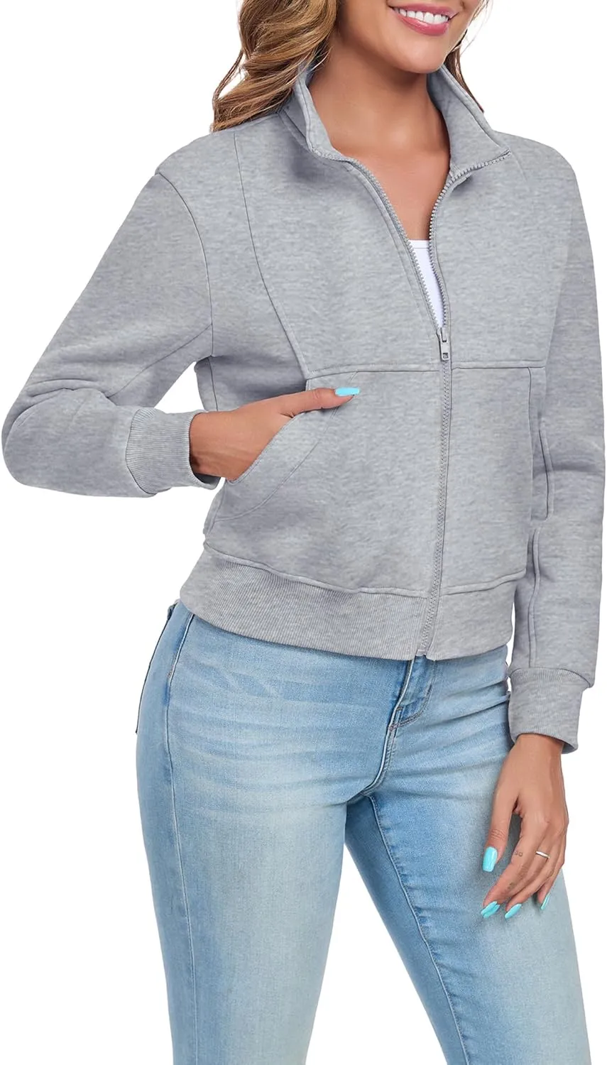 Women's Full Zip Up Sweatshirts Fleece Jackets Stand Collar Long Sleeve Casual Outwear Fuzzy Warm Coat with Pocket