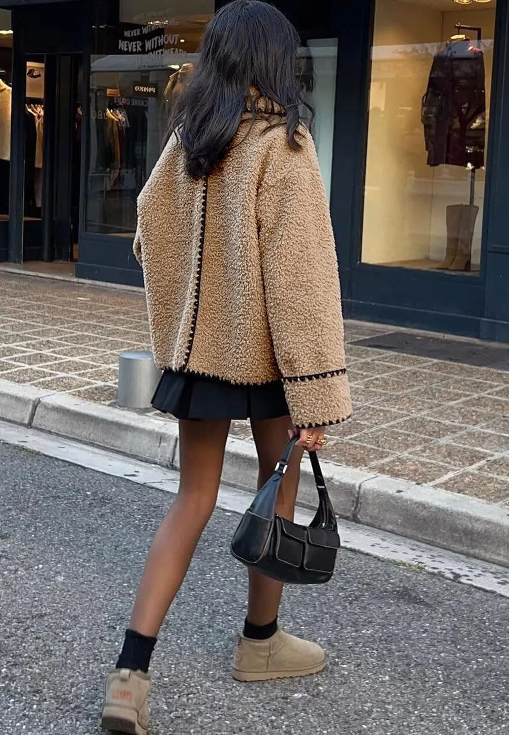 Women's Fuzzy Fleece Embroidered Jacket Notch Lapel Winter Faux Fur Sherpa Jacket Coat
