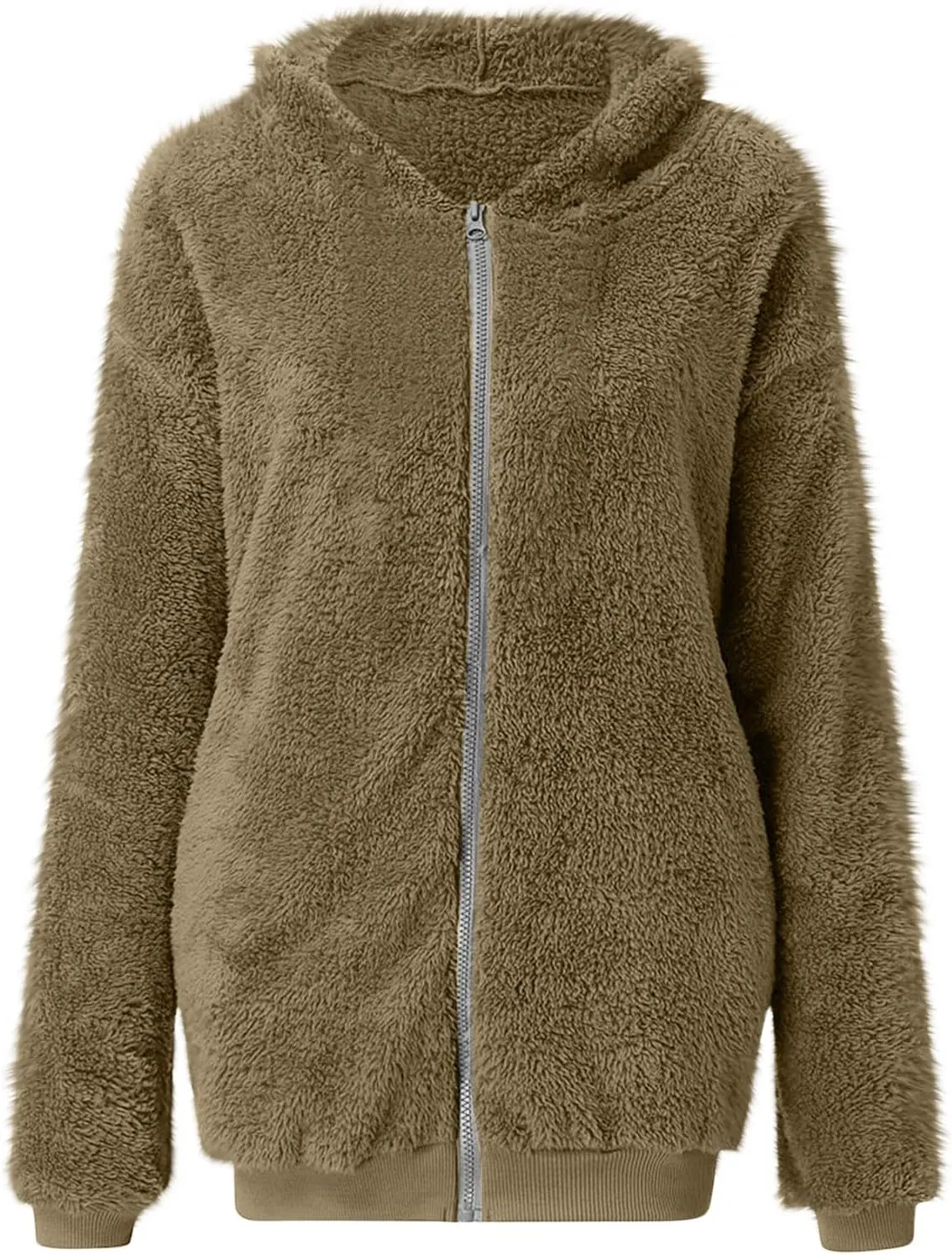 Womens Fuzzy Sherpa Fleece Jacket Zip Up Hooded Oversized Winter Warm Coats Casual Outwear Fall Transitional Fashion