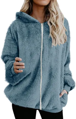 Womens Fuzzy Sherpa Fleece Jacket Zip Up Hooded Oversized Winter Warm Coats Casual Outwear Fall Transitional Fashion