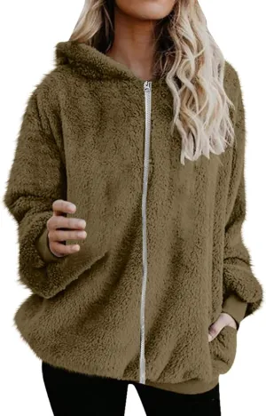Womens Fuzzy Sherpa Fleece Jacket Zip Up Hooded Oversized Winter Warm Coats Casual Outwear Fall Transitional Fashion