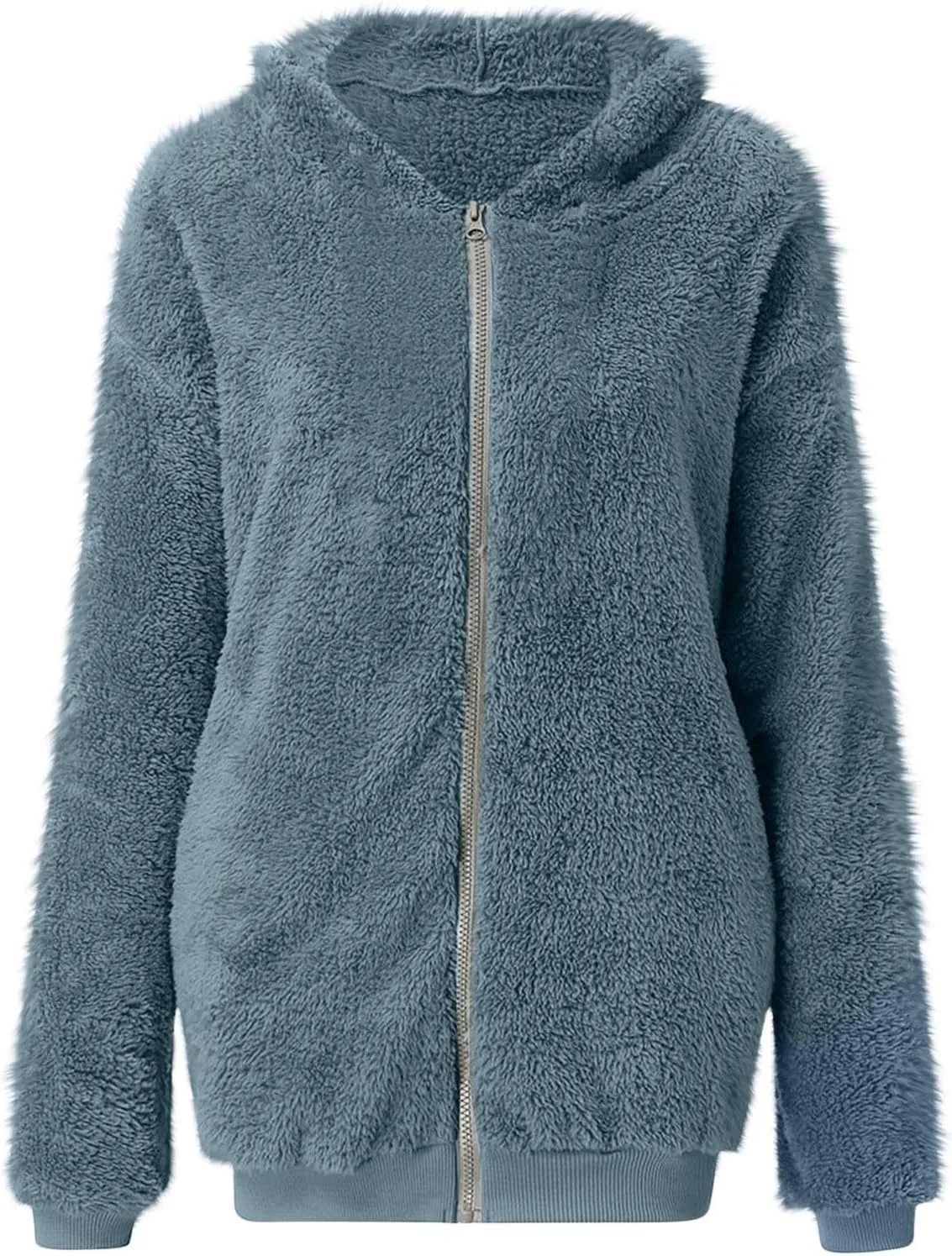 Womens Fuzzy Sherpa Fleece Jacket Zip Up Hooded Oversized Winter Warm Coats Casual Outwear Fall Transitional Fashion