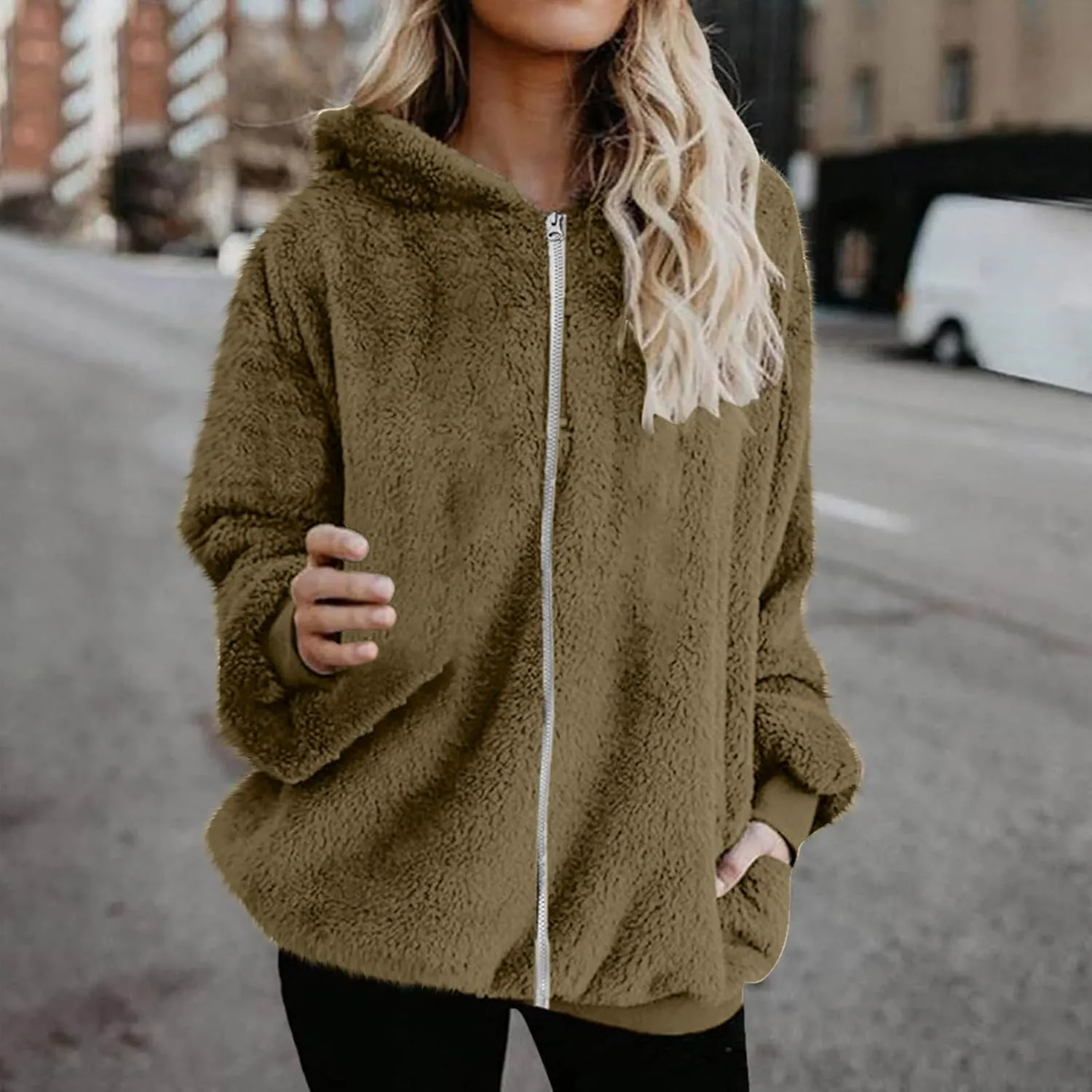 Womens Fuzzy Sherpa Fleece Jacket Zip Up Hooded Oversized Winter Warm Coats Casual Outwear Fall Transitional Fashion