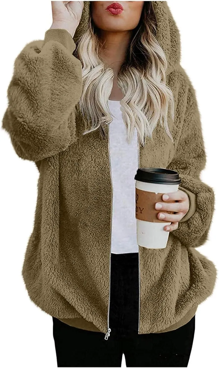 Womens Fuzzy Sherpa Fleece Jacket Zip Up Hooded Oversized Winter Warm Coats Casual Outwear Fall Transitional Fashion