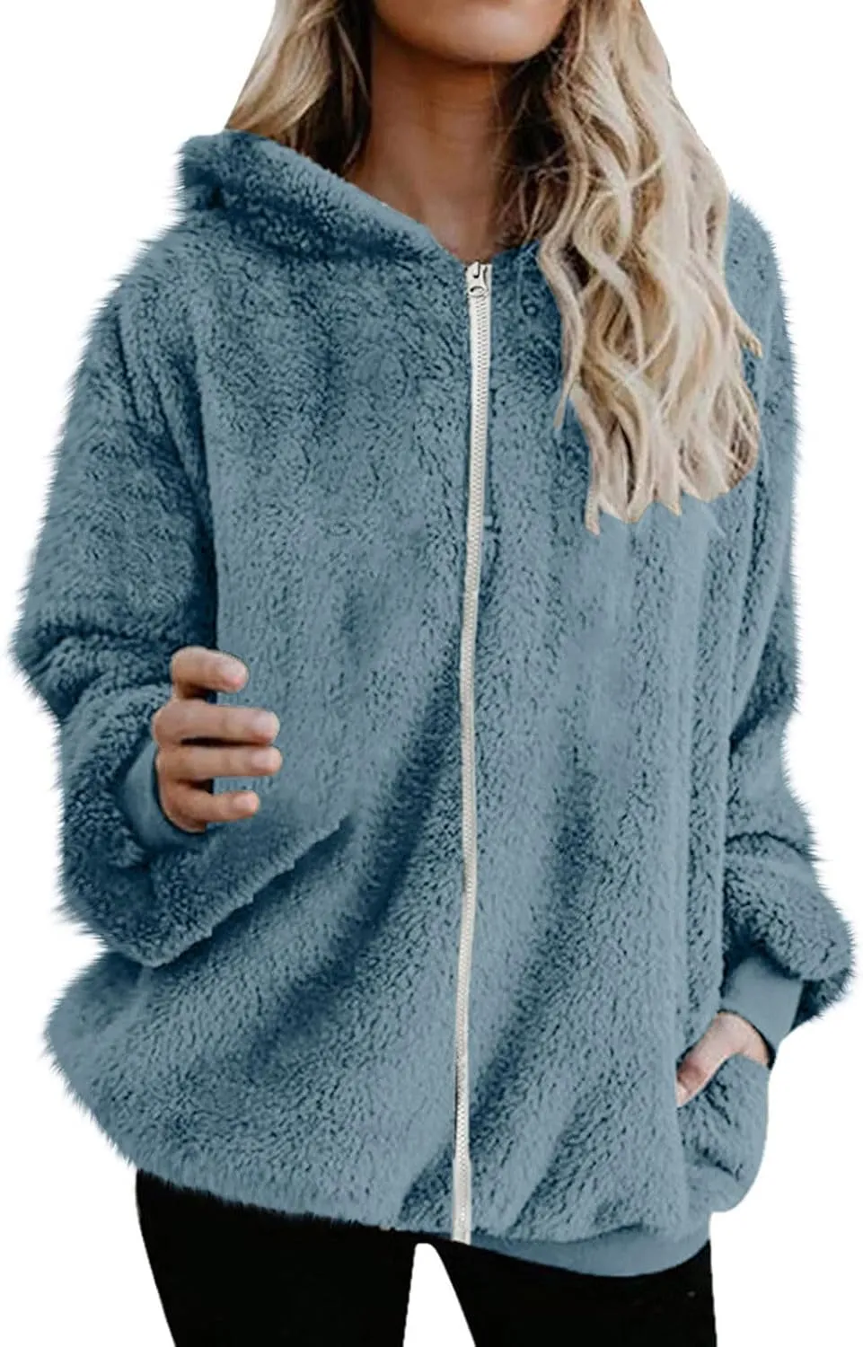 Womens Fuzzy Sherpa Fleece Jacket Zip Up Hooded Oversized Winter Warm Coats Casual Outwear Fall Transitional Fashion