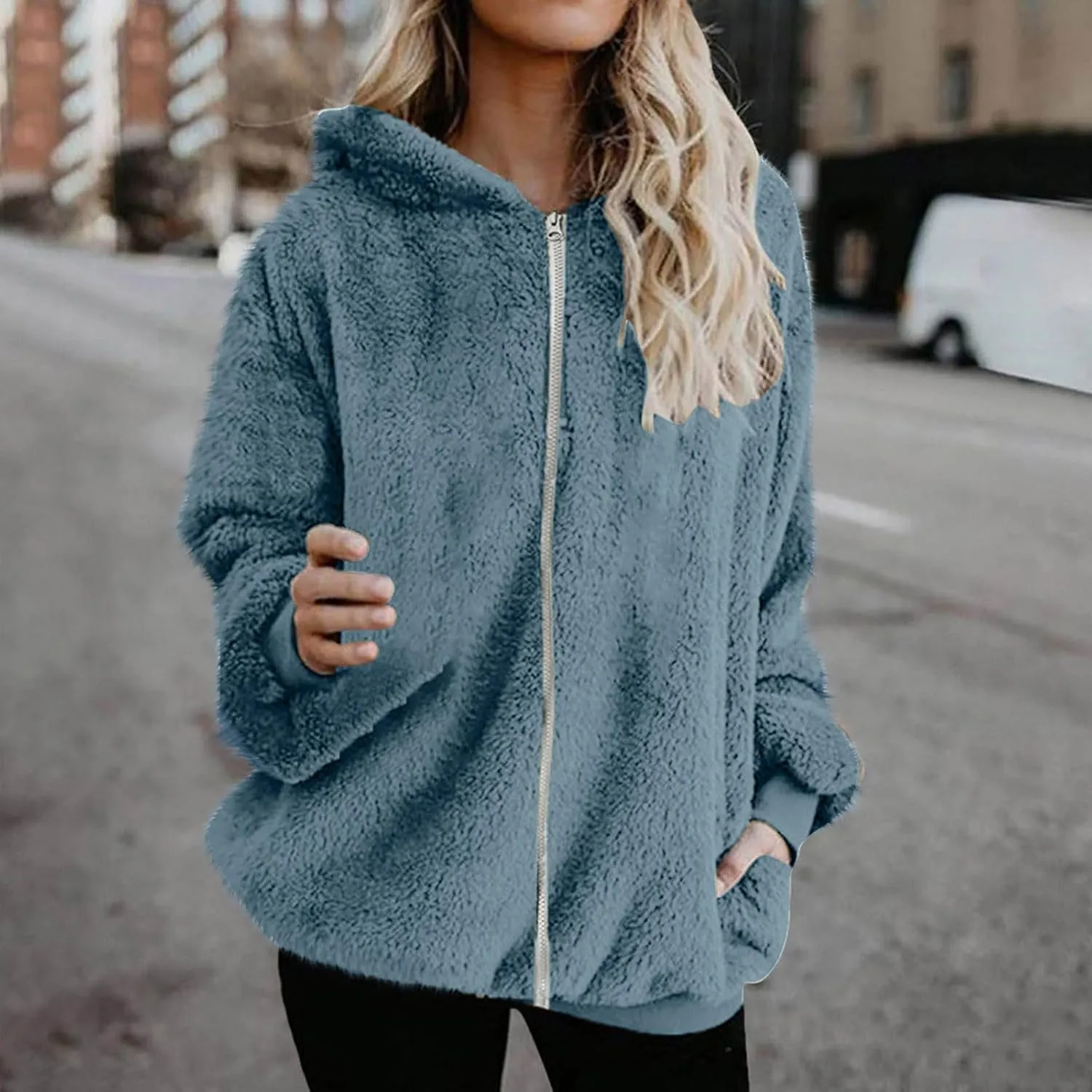 Womens Fuzzy Sherpa Fleece Jacket Zip Up Hooded Oversized Winter Warm Coats Casual Outwear Fall Transitional Fashion
