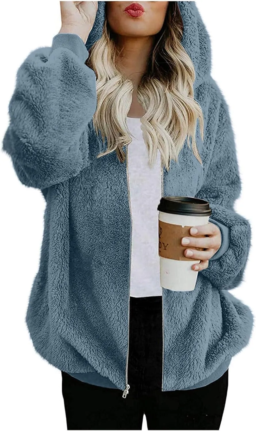 Womens Fuzzy Sherpa Fleece Jacket Zip Up Hooded Oversized Winter Warm Coats Casual Outwear Fall Transitional Fashion