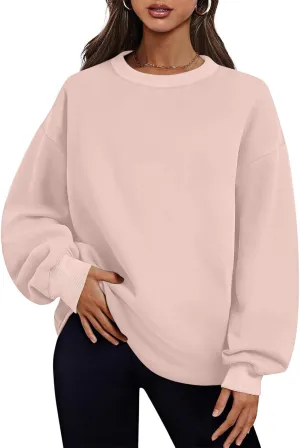 Womens Loose Fitting Sweatshirts Fleece Solid Color Hoodie Round-neck Long Sleeve Pullover Side Split Pocket Tops