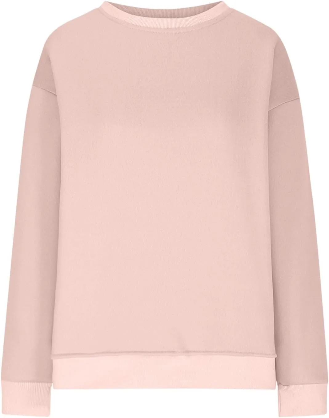 Womens Loose Fitting Sweatshirts Fleece Solid Color Hoodie Round-neck Long Sleeve Pullover Side Split Pocket Tops