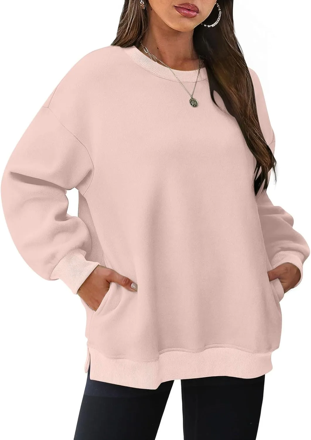Womens Loose Fitting Sweatshirts Fleece Solid Color Hoodie Round-neck Long Sleeve Pullover Side Split Pocket Tops