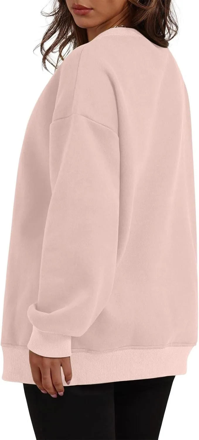 Womens Loose Fitting Sweatshirts Fleece Solid Color Hoodie Round-neck Long Sleeve Pullover Side Split Pocket Tops
