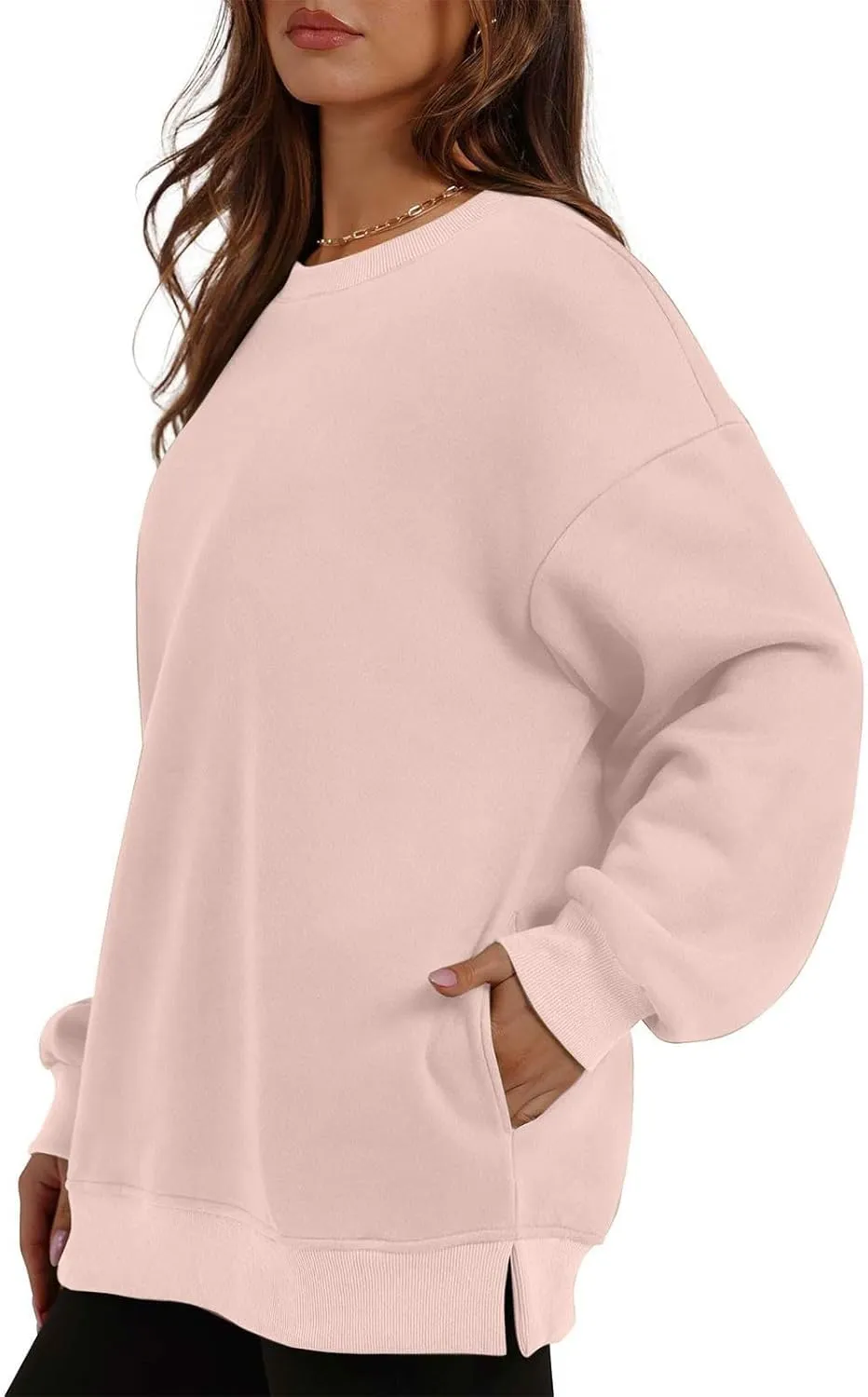 Womens Loose Fitting Sweatshirts Fleece Solid Color Hoodie Round-neck Long Sleeve Pullover Side Split Pocket Tops