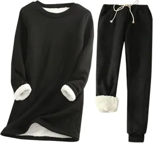 Womens Lounge Set 2 Piece Fleece Lined Loungewear Sets Soft Comfy Pajama Set Fuzzy Sherpa Sweatsuits Matching Outfits