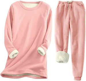 Womens Lounge Set 2 Piece Fleece Lined Loungewear Sets Soft Comfy Pajama Set Fuzzy Sherpa Sweatsuits Matching Outfits
