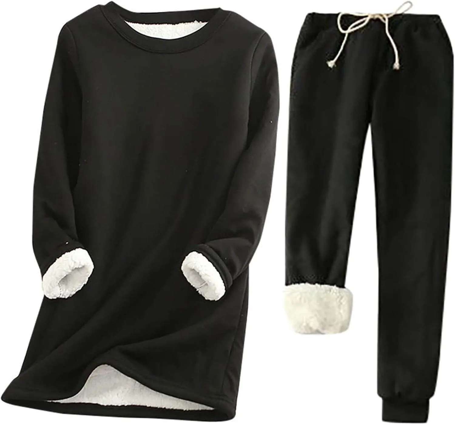 Womens Lounge Set 2 Piece Fleece Lined Loungewear Sets Soft Comfy Pajama Set Fuzzy Sherpa Sweatsuits Matching Outfits