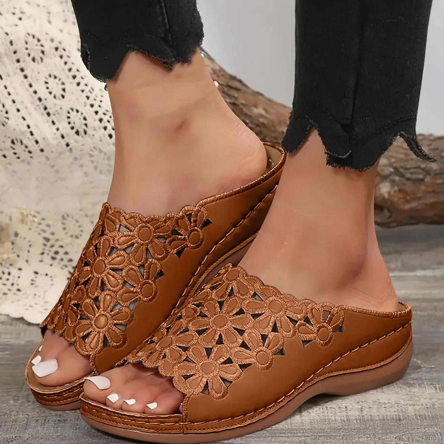 Women's Orthotic Cushion Flip Flops Recovery Walking Sandals for Women Dressy Summer Orthopedic Arch Support Wedge Slide Comfortable Open Toe Slip on Flowers Hollow Out Plantar Fasciitis Bunion Shoes