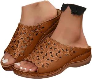 Women's Orthotic Cushion Flip Flops Recovery Walking Sandals for Women Dressy Summer Orthopedic Arch Support Wedge Slide Comfortable Open Toe Slip on Flowers Hollow Out Plantar Fasciitis Bunion Shoes