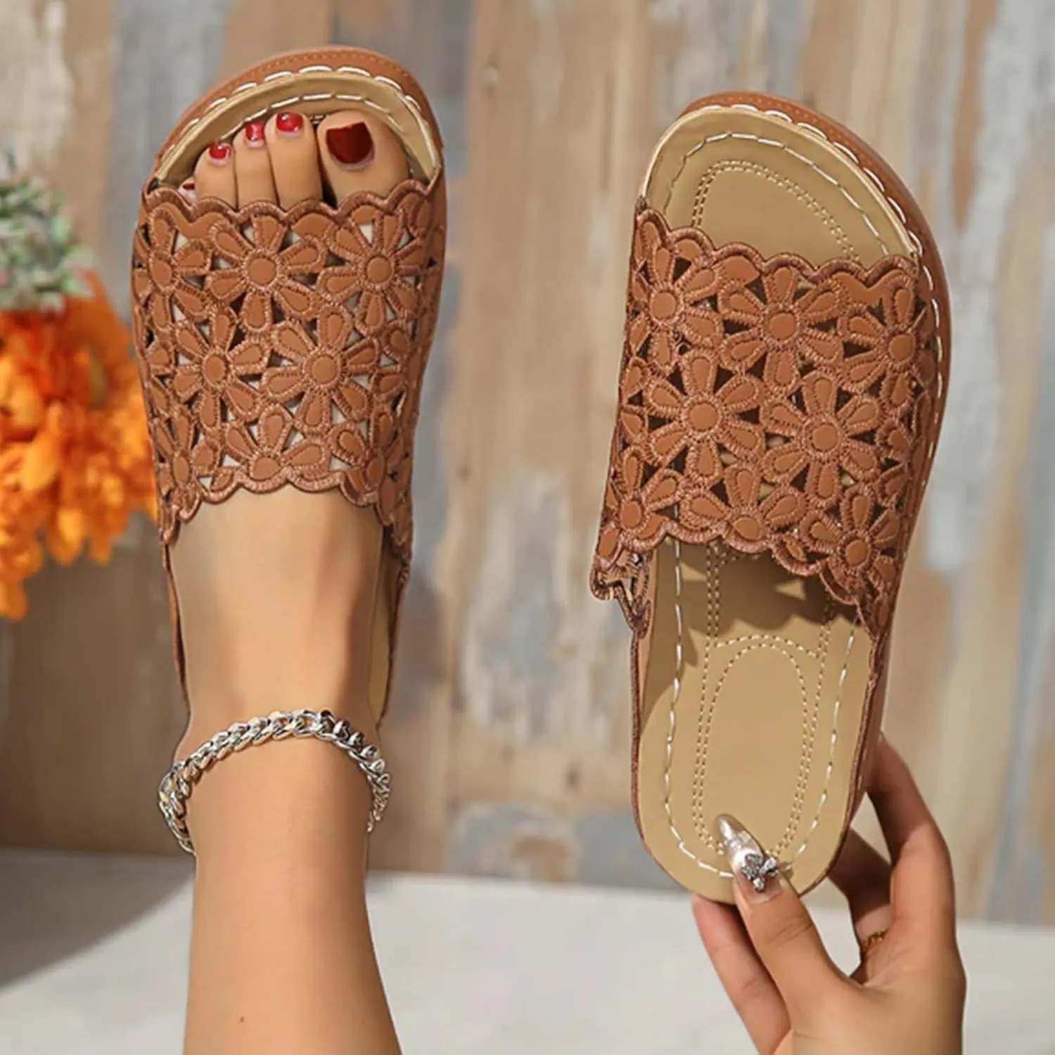 Women's Orthotic Cushion Flip Flops Recovery Walking Sandals for Women Dressy Summer Orthopedic Arch Support Wedge Slide Comfortable Open Toe Slip on Flowers Hollow Out Plantar Fasciitis Bunion Shoes