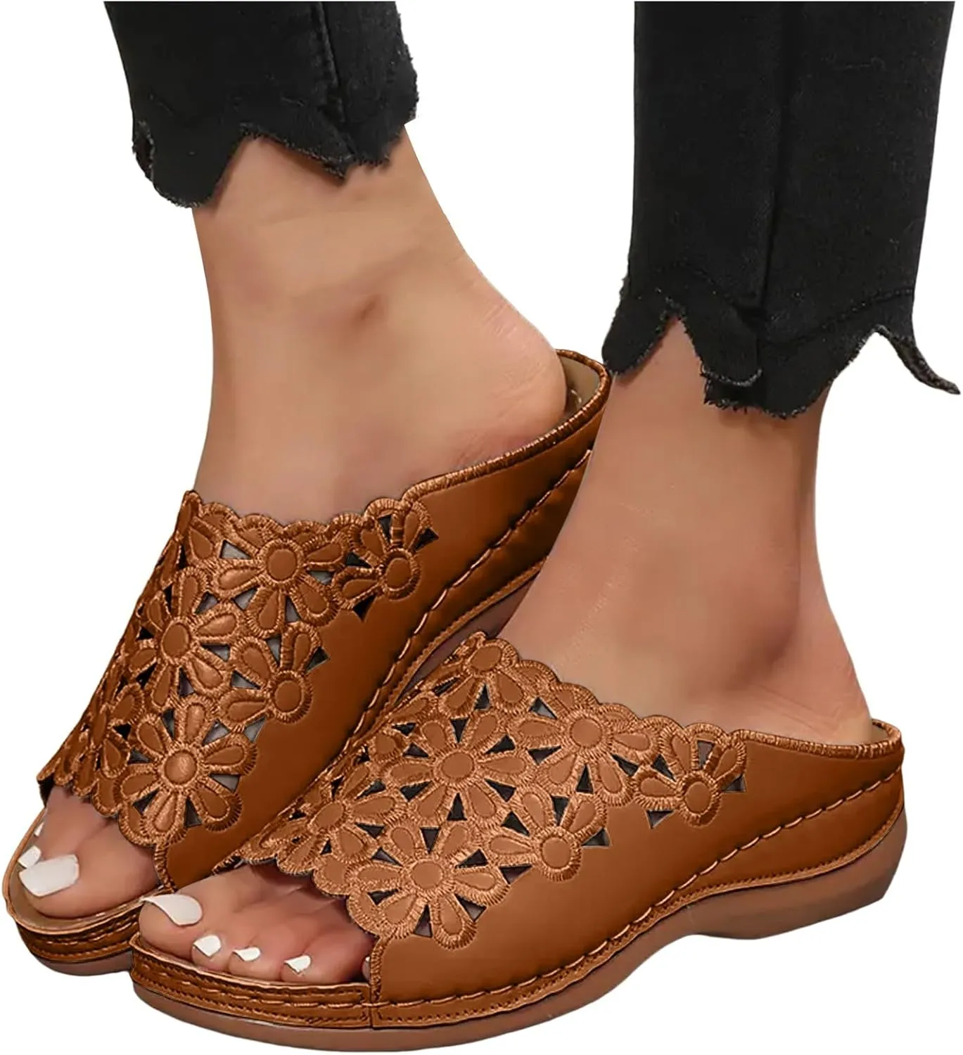 Women's Orthotic Cushion Flip Flops Recovery Walking Sandals for Women Dressy Summer Orthopedic Arch Support Wedge Slide Comfortable Open Toe Slip on Flowers Hollow Out Plantar Fasciitis Bunion Shoes