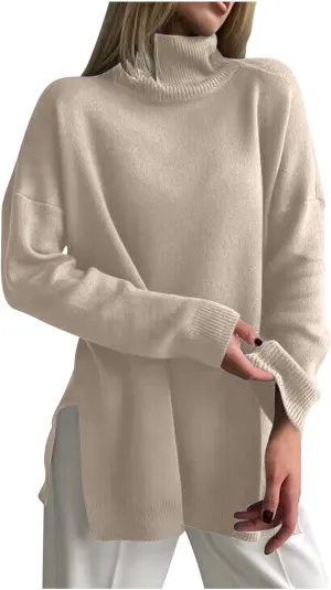 Women's Oversized Turtleneck Sweaters Fall Casual Loose Batwing Sleeve Split Hem Pullovers Knit Sweater Tops