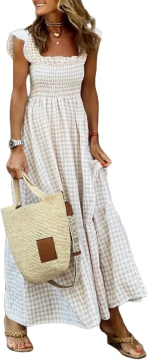 Women's Retro Plaid Smocked Dress Casual Square Neck Ruffle Spaghetti Strap Flounce Long Dress Beach Vacation Sun Dresses