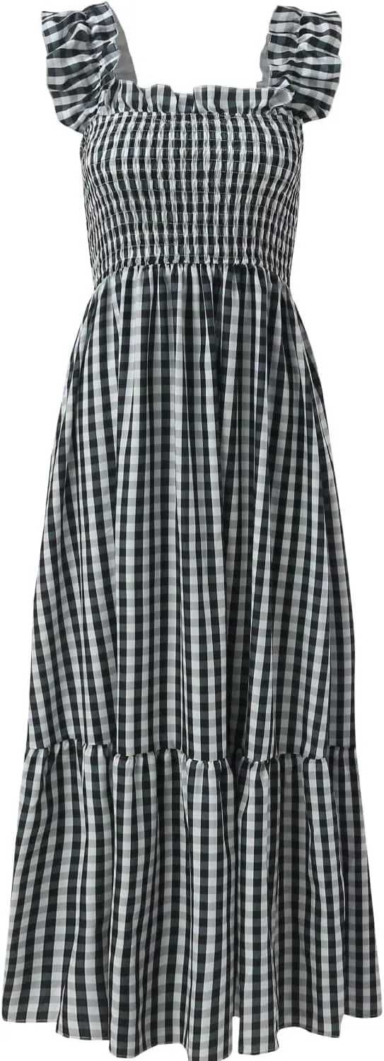 Women's Retro Plaid Smocked Dress Casual Square Neck Ruffle Spaghetti Strap Flounce Long Dress Beach Vacation Sun Dresses