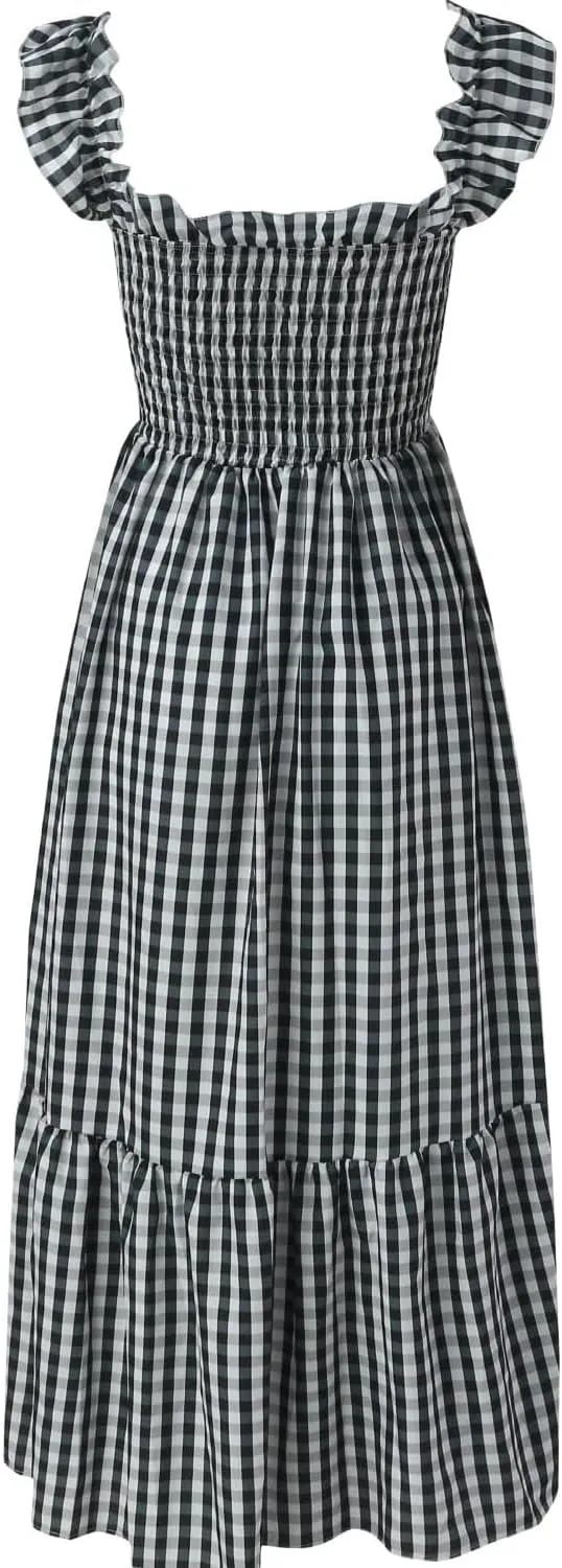 Women's Retro Plaid Smocked Dress Casual Square Neck Ruffle Spaghetti Strap Flounce Long Dress Beach Vacation Sun Dresses