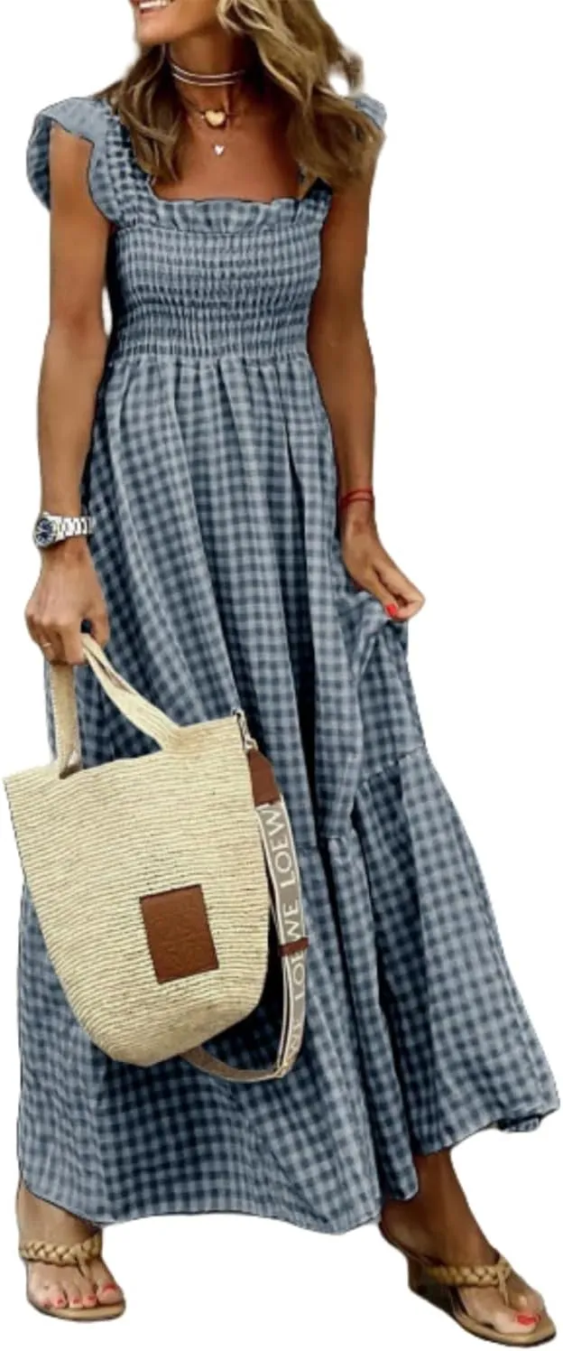 Women's Retro Plaid Smocked Dress Casual Square Neck Ruffle Spaghetti Strap Flounce Long Dress Beach Vacation Sun Dresses