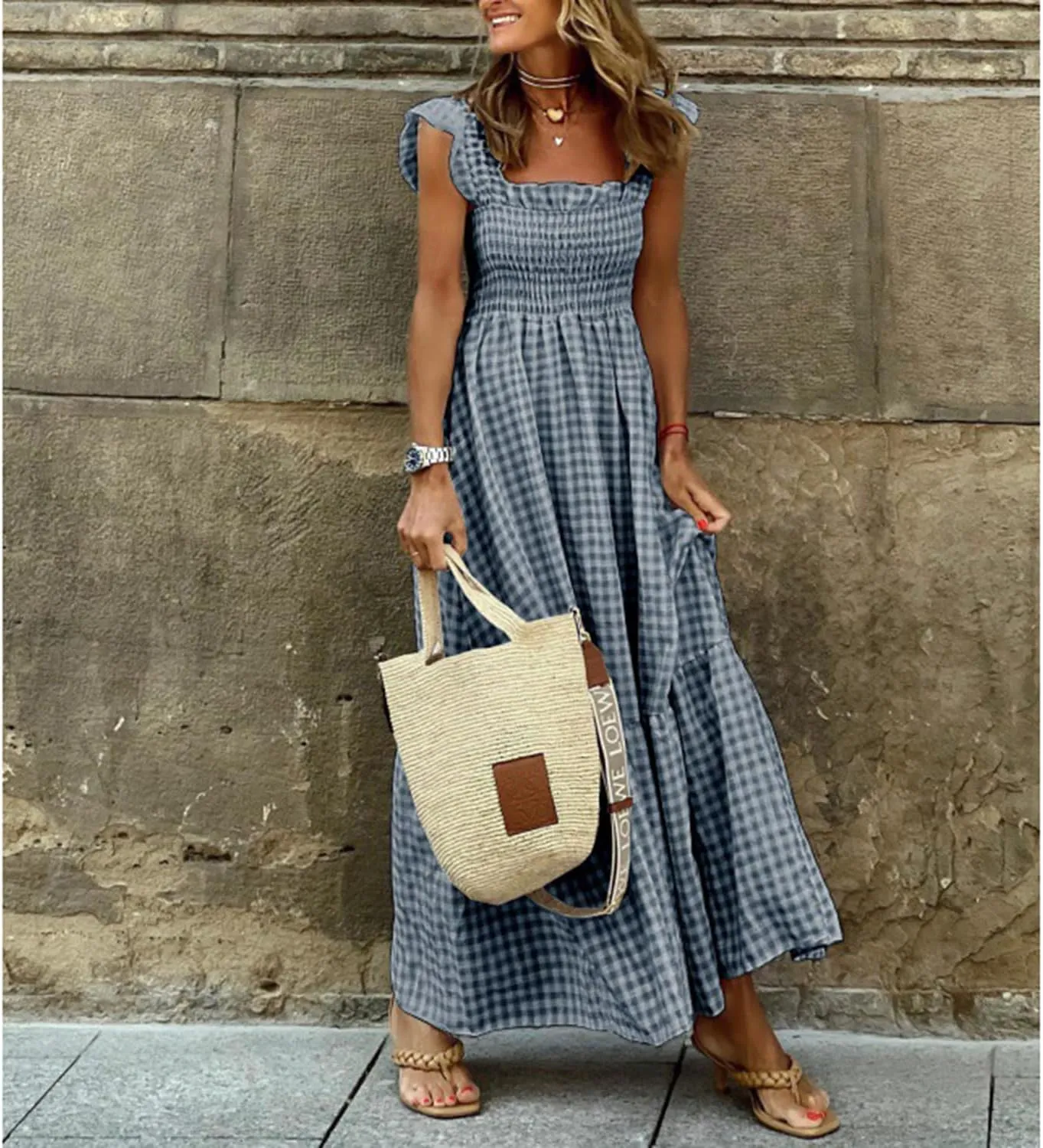 Women's Retro Plaid Smocked Dress Casual Square Neck Ruffle Spaghetti Strap Flounce Long Dress Beach Vacation Sun Dresses