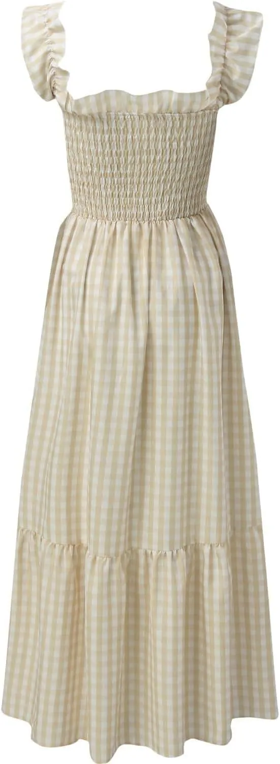 Women's Retro Plaid Smocked Dress Casual Square Neck Ruffle Spaghetti Strap Flounce Long Dress Beach Vacation Sun Dresses