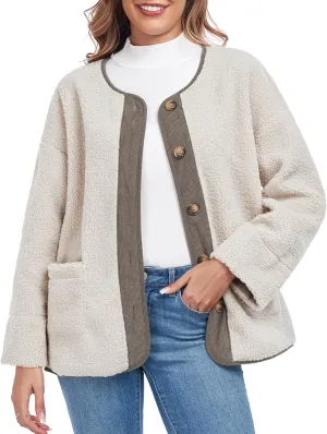 Womens Sherpa Fleece Jacket Casual Long Sleeve Button Up Corduroy Fuzzy Warm Winter Coats Outerwear with Pockets