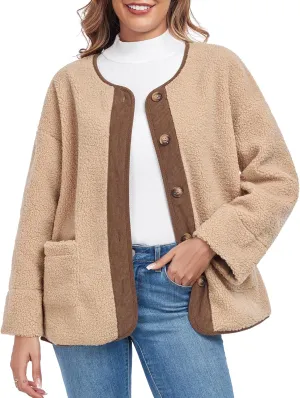 Womens Sherpa Fleece Jacket Casual Long Sleeve Button Up Corduroy Fuzzy Warm Winter Coats Outerwear with Pockets