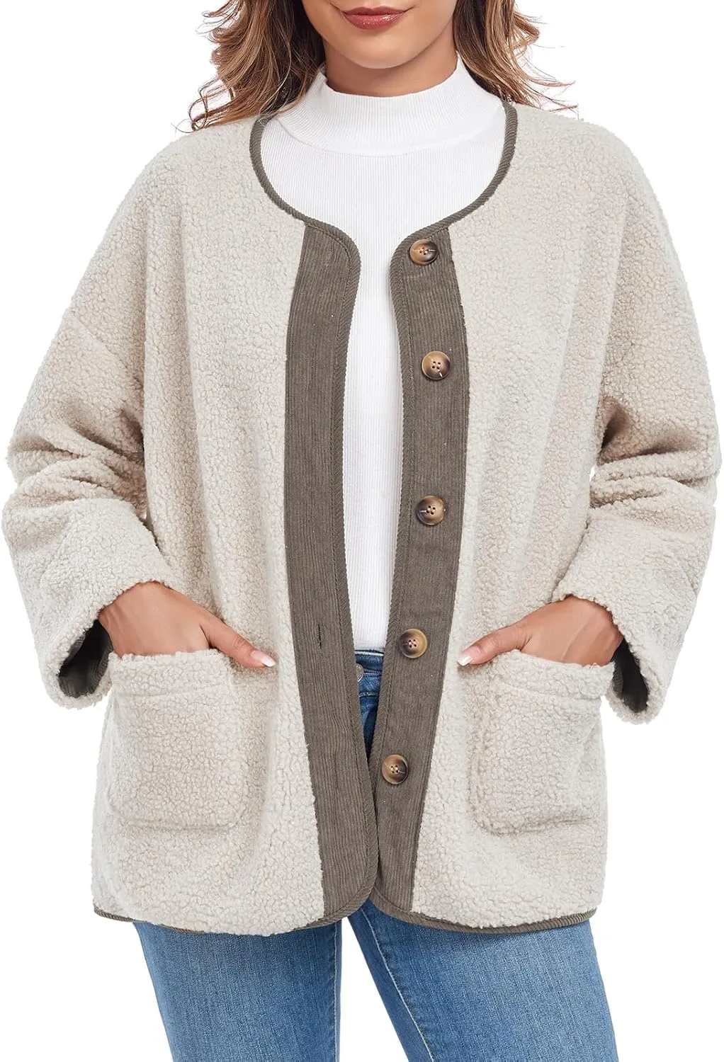 Womens Sherpa Fleece Jacket Casual Long Sleeve Button Up Corduroy Fuzzy Warm Winter Coats Outerwear with Pockets