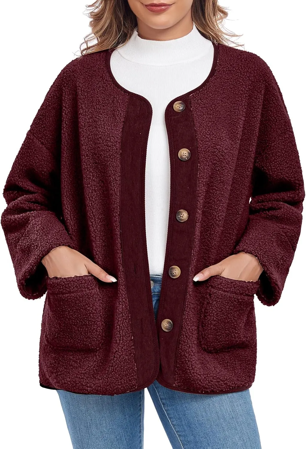 Womens Sherpa Fleece Jacket Casual Long Sleeve Button Up Corduroy Fuzzy Warm Winter Coats Outerwear with Pockets