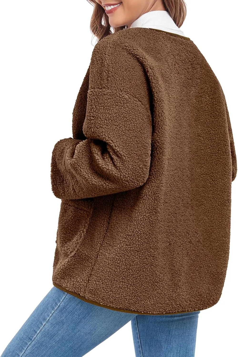 Womens Sherpa Fleece Jacket Casual Long Sleeve Button Up Corduroy Fuzzy Warm Winter Coats Outerwear with Pockets