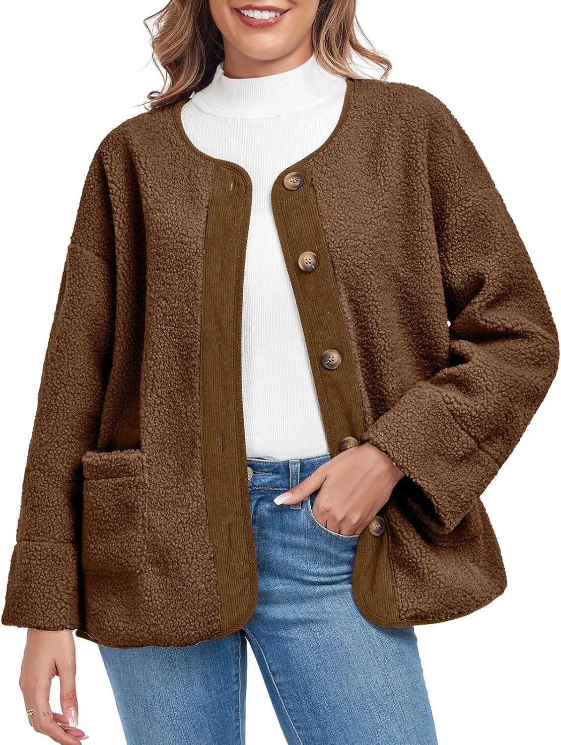 Womens Sherpa Fleece Jacket Casual Long Sleeve Button Up Corduroy Fuzzy Warm Winter Coats Outerwear with Pockets