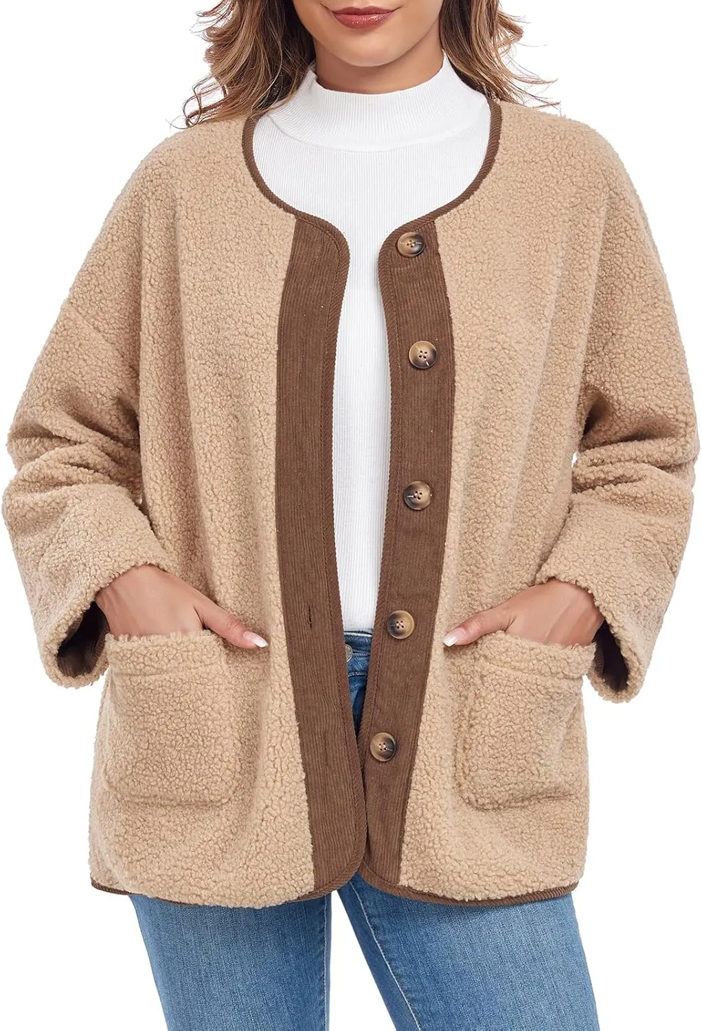 Womens Sherpa Fleece Jacket Casual Long Sleeve Button Up Corduroy Fuzzy Warm Winter Coats Outerwear with Pockets